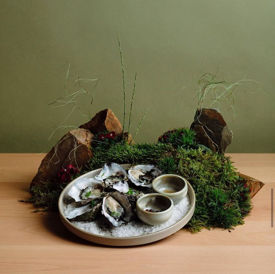 Koomo food styling, oysters on moss and stone, by De La Pair Melbourne food stylist
